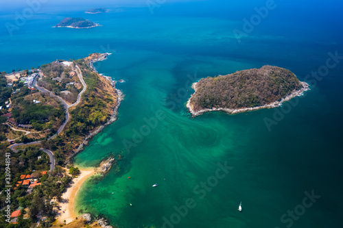 Aerial view of the polutted sea near the coastline in Thailand, area near Phuket island