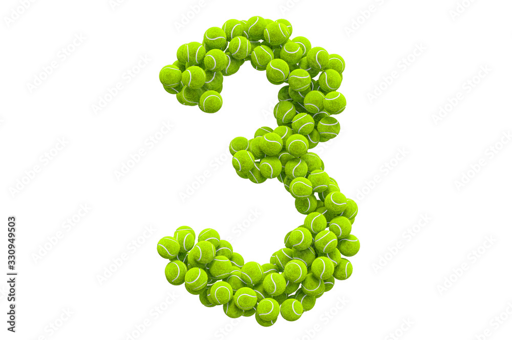 Number 3 from tennis balls, 3D rendering