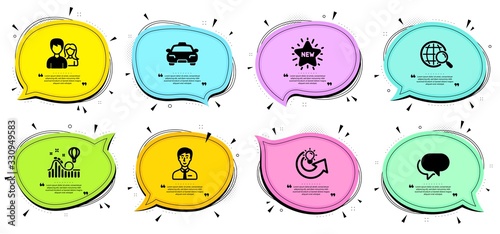 Businessman person, Roller coaster and Taxi signs. Chat bubbles with quotes. Web search, New star and Teamwork line icons set. Talk bubble, Share idea symbols. Find internet, Shopping. Vector