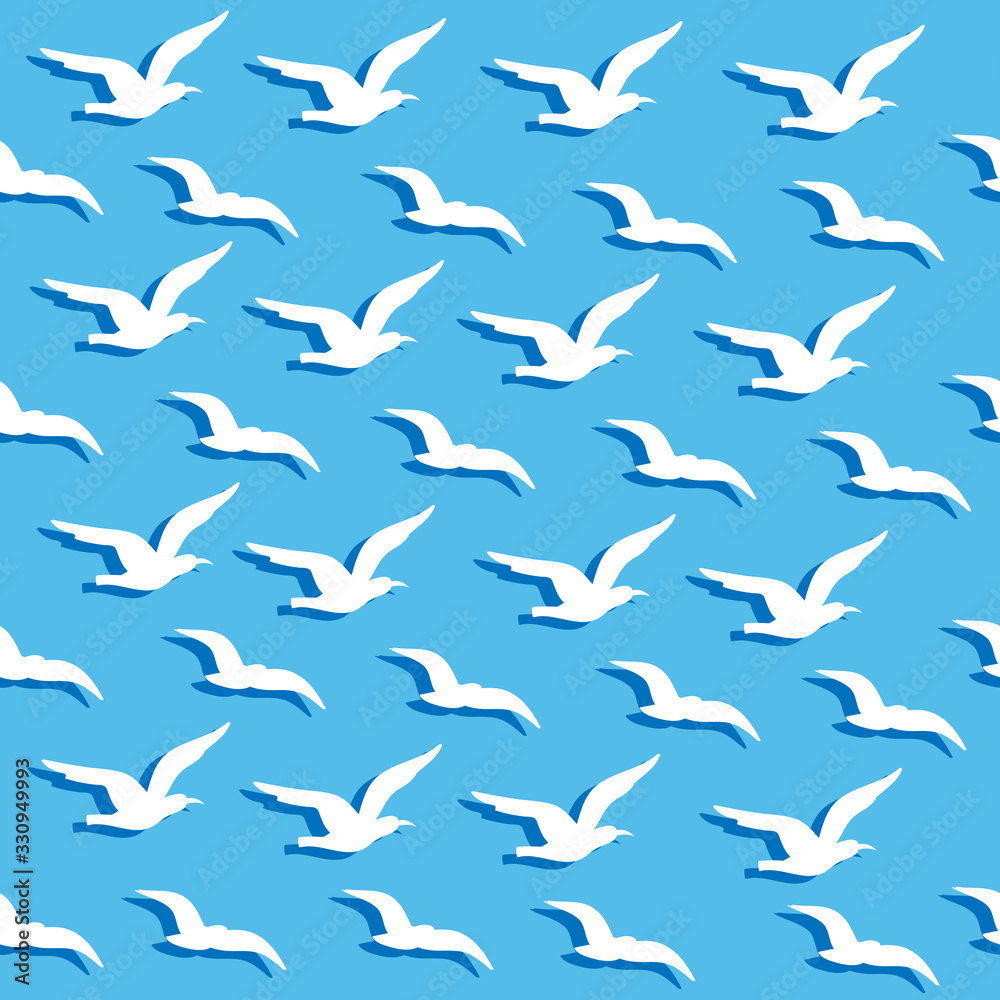 Summer background with vector seagulls on a blue background seamless pattern