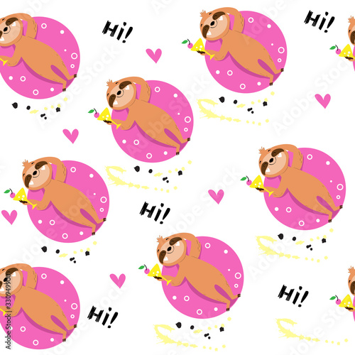 Funny summer sloth lies on a pink rubber ring and the inscription hi on a white background seamless pattern