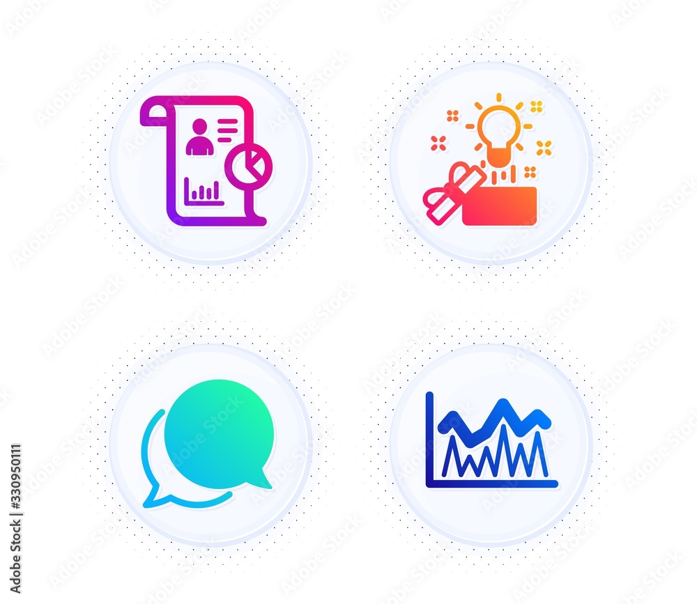 Chat message, Report and Creative idea icons simple set. Button with halftone dots. Investment sign. Speech bubble, Work statistics, Present box. Economic statistics. Education set. Vector