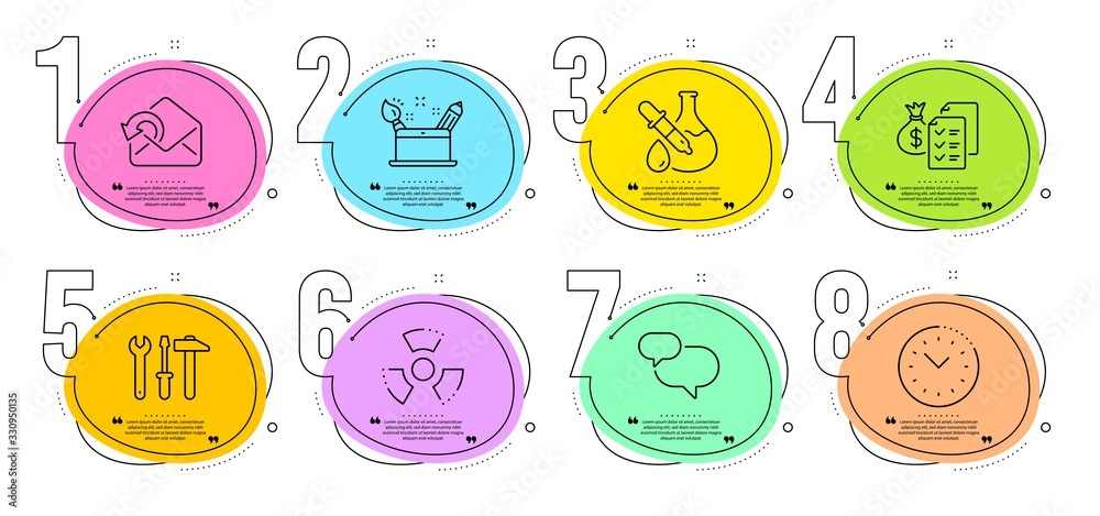 Chat message, Spanner tool and Accounting wealth signs. Timeline steps infographic. Send mail, Chemistry experiment and Creativity concept line icons set. Vector Chat message, Spanner tool and Accounting wealth signs. Timeline steps infographic. Send mail, Chemistry experiment and Creativity concept line icons set. Vector