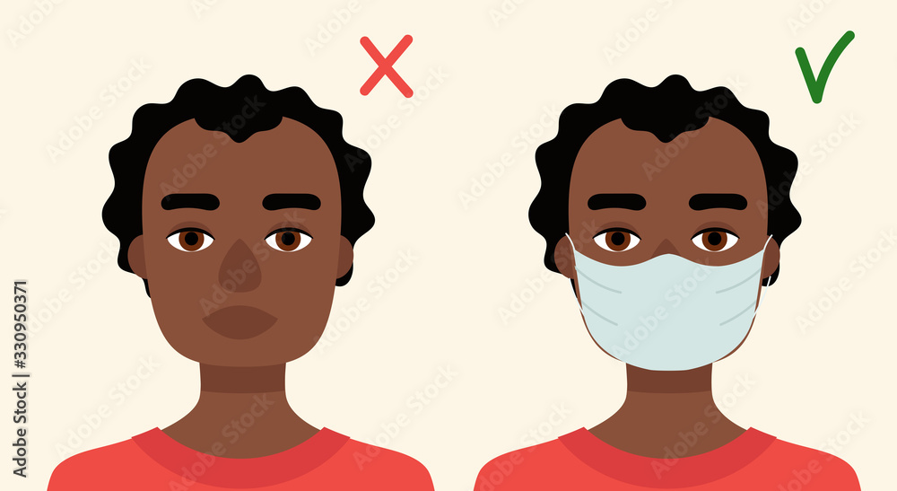 Fototapeta premium Young African man in medical mask. Concept of protection against viruses, flu, coronavirus. Prevention of an epidemic. Flat vector illustration.