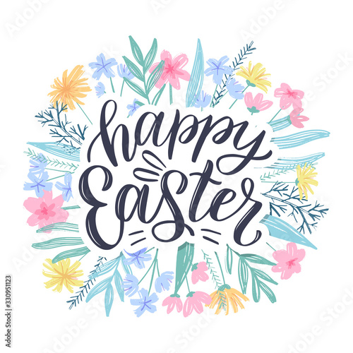 Happy easter greeting card. Easter spring hand drawn flowers background. Decorative floral easter frame with hand sketched lettering. Vector illustration EPS 10