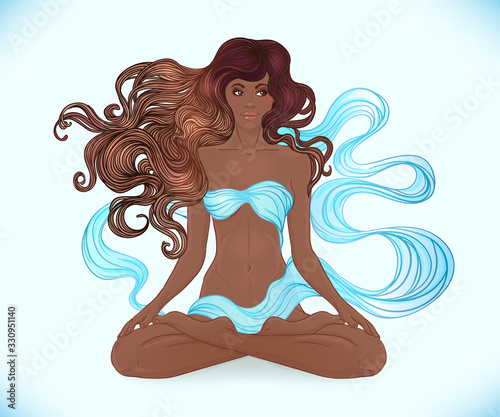 Beautiful African American Girl sitting in Lotus pose with ornate mandala on background. Vector illustration. Spa consent, yoga studio, or natural medicine clinic.