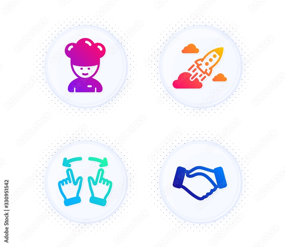 Cooking chef, Move gesture and Startup rocket icons simple set. Button with halftone dots. Handshake sign. Sous-chef, Swipe, Business innovation. Deal hand. Business set. Vector