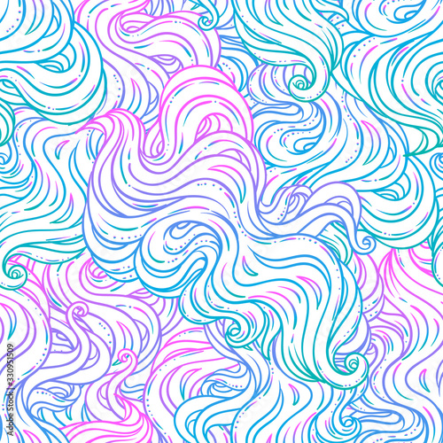 Abstract hand-drawn seamless pattern with waves and clouds. vector seamless p...