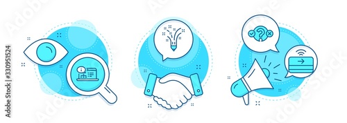 Contactless payment, Online documentation and Quiz test line icons set. Handshake deal, research and promotion complex icons. Inspiration sign. Vector