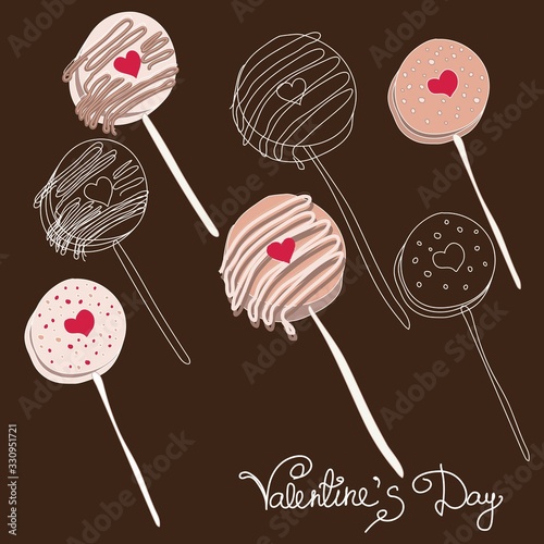 Valentine's day cute and yummy collection chocolate covered oreo pops set vector illustration on brown background. Love pastry sweets vector bakery products desserts. Flat style
