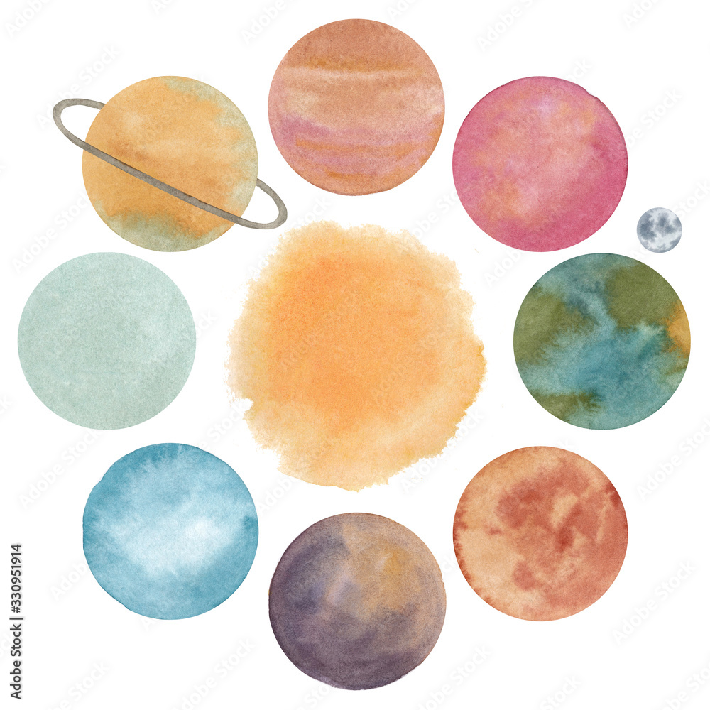 Watercolor hand drawn composition with abstract planets of solar system (Mars, Earth, Moon, Venus, Mercury, Saturn, Jupiter, Pluto, Uranus, Neptune) and sun isolated on white background. Watercolor hand drawn composition with abstract planets of solar system (Mars, Earth, Moon, Venus, Mercury, Saturn, Jupiter, Pluto, Uranus, Neptune) and sun isolated on white background.