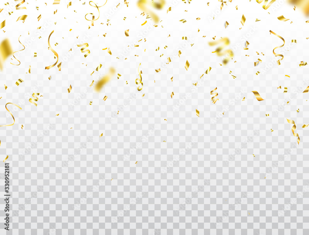 Confetti gold frame. Bright golden festive tinsel. Glitter confetti falling on transparent background. Party backdrop. Holiday design elements for web banner, poster, flyer, invitation. Vector - obrazy, fototapety, plakaty 