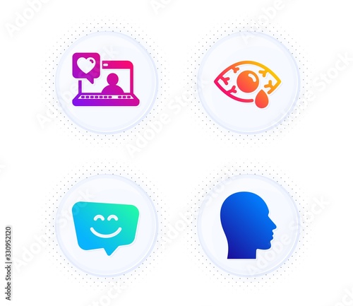 Ð¡onjunctivitis eye, Friends chat and Smile face icons simple set. Button with halftone dots. Head sign. Optometry clinic, Love, Chat. People set. Gradient flat Ð¡onjunctivitis eye icon. Vector