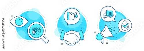 Dermatologically tested, Quick tips and Graph chart line icons set. Handshake deal, research and promotion complex icons. Blood donation sign. Organic, Helpful tricks, Growth report. Vector