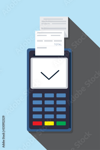 Electronic terminal or reader and paying or buying. Contactless payment system or technology. Colorful modern vector illustration in flat style with long shadow isolated on blue background.