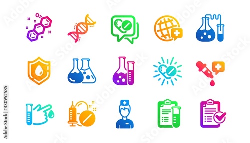 Drug testing, scientific discovery and disease prevention icons. Medical healthcare, doctor icons. Chemical formula, chemistry testing lab. Classic set. Gradient patterns. Quality signs set. Vector