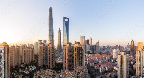 Aerial view of Shanghai city skyline at dusk