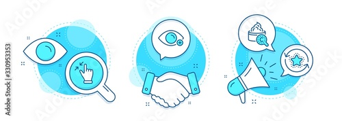 Farsightedness, Loyalty points and Collagen skin line icons set. Handshake deal, research and promotion complex icons. Touchscreen gesture sign. Eye vision, Bonus reward, Skin care. Zoom out. Vector