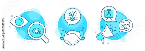Farsightedness, Vision board and Serum oil line icons set. Handshake deal, research and promotion complex icons. Healthy face sign. Eye vision, Eye check, Healthy hairs. Medical set. Vector