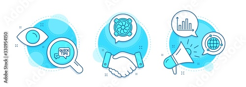 Globe, Diagram graph and Computer fan line icons set. Handshake deal, research and promotion complex icons. Quick tips sign. Internet world, Presentation chart, Pc ventilator. Helpful tricks. Vector