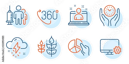 Gluten free, Medical vaccination and 360 degree signs. Safe time, Monitor settings and Thunderstorm weather line icons set. Best manager, Pie chart symbols. Management, Service cogwheel. Vector