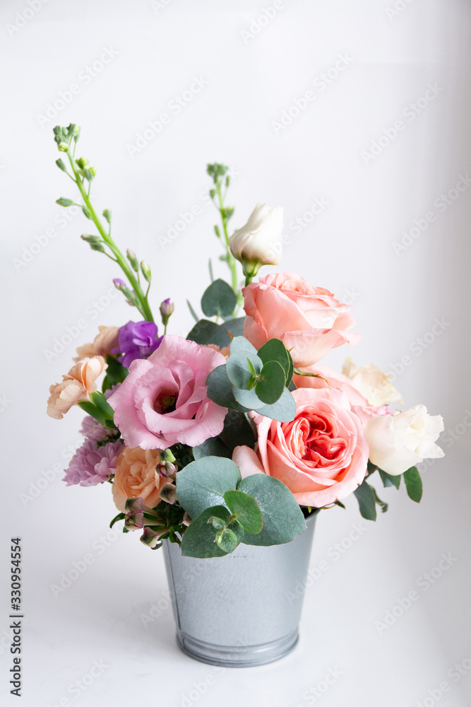 spring flowers roses  eucalyptus chrysanthemum