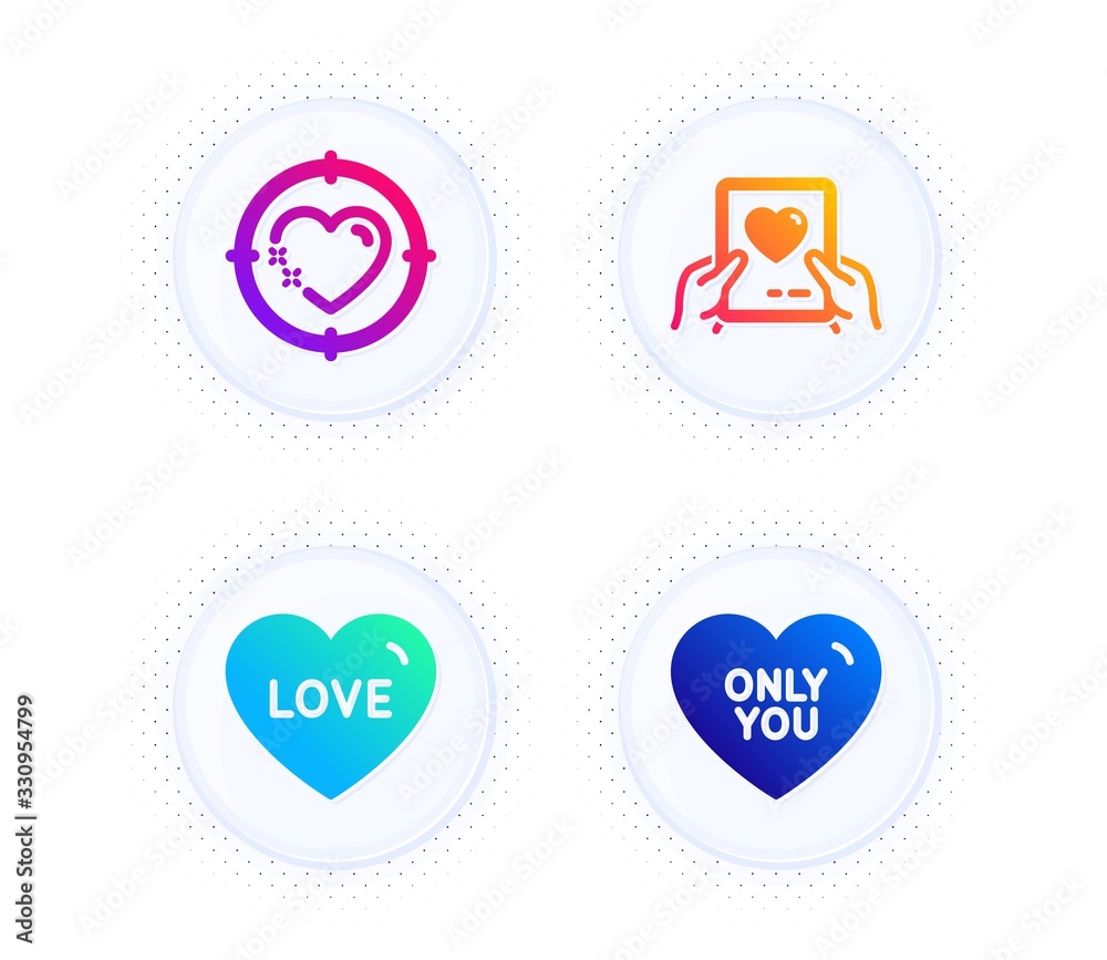 Heart target, Love and Love mail icons simple set. Button with halftone dots. Only you sign. Sweetheart, Valentine letter. Love set. Gradient flat heart target icon. Vector Heart target, Love and Love mail icons simple set. Button with halftone dots. Only you sign. Sweetheart, Valentine letter. Love set. Gradient flat heart target icon. Vector