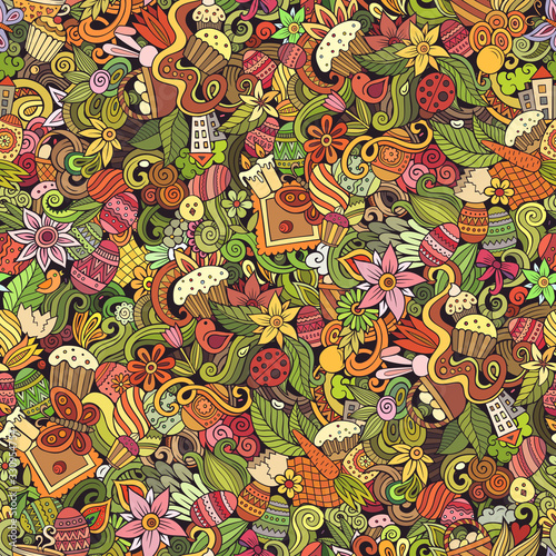 Cartoon cute doodles hand drawn Happy Easter seamless pattern.