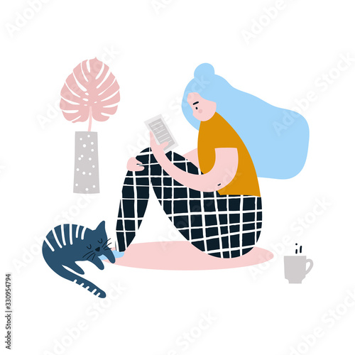 Young girl is checking own smartphone. Beautiful girl in jeans overall.Pretty girl in denim overalls. Vector Illustration