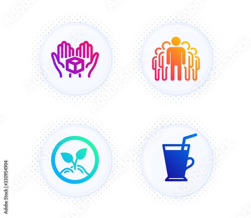 Hold box, Group and Startup icons simple set. Button with halftone dots. Coffee cup sign. Delivery parcel, Managers, Launch project. Latte drink. Business set. Gradient flat hold box icon. Vector