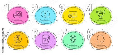 Human resources, Report statistics and Positive feedback signs. Timeline steps infographic. Head, Microphone and Approved agreement line icons set. Graph chart, Information symbols. Vector