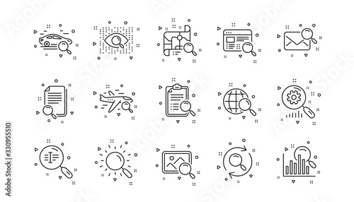 Indexation, Artificial intelligence and Car rental. Search line icons. Search images linear icon set. Geometric elements. Quality signs set. Vector