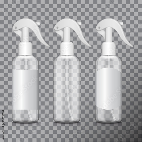 Transparent bottle with atomizer. Mock up bottle medical vial, flask, flacon with different labels