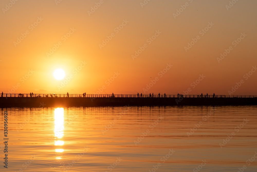 Sunset over the sea. Tokyo Bay.