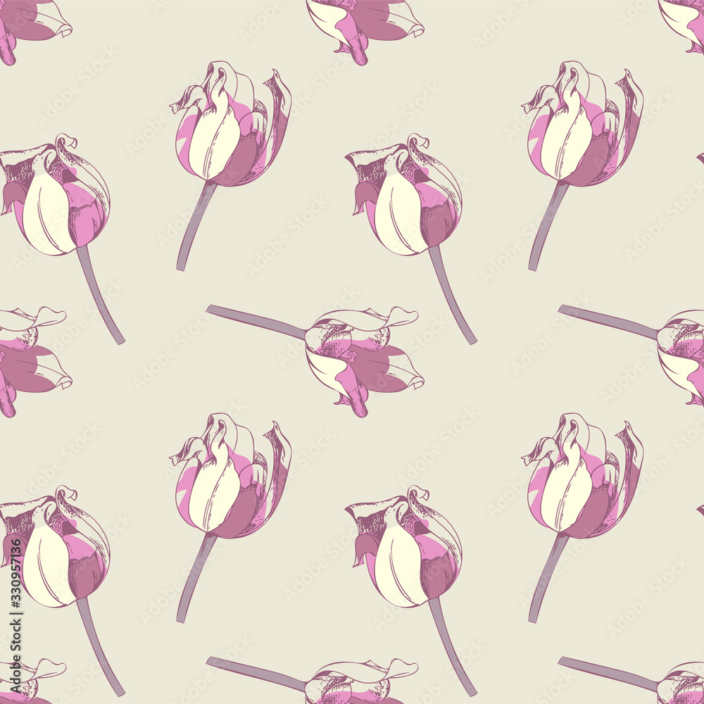 Fototapeta premium Seamless Pattern of Hand Drawn Tulips.