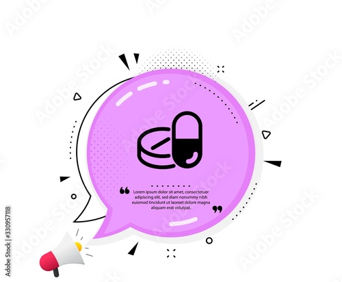 Medical drugs icon. Quote speech bubble. Medicine pills sign. Pharmacy medication symbol. Quotation marks. Classic medical drugs icon. Vector