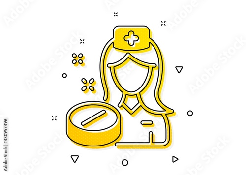 Medicine drugs sign. Nurse icon. Pharmacy medication symbol. Yellow circles pattern. Classic nurse icon. Geometric elements. Vector