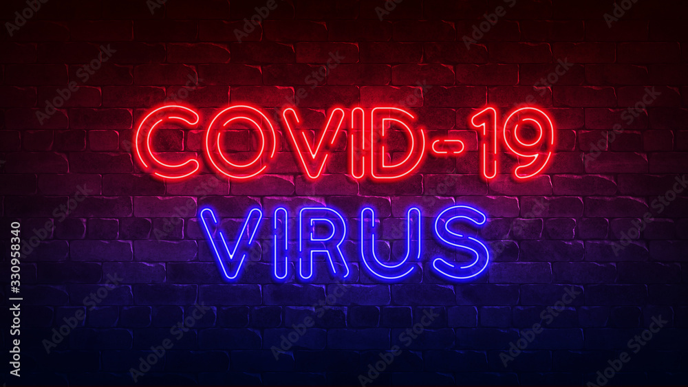 covid-19 virus neon sign. red and blue glow. neon text. Conceptual background for your design with the inscription. 3d illustration.