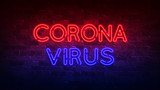 Global concept Medicine concept. coronavirus. Medicine disease illness. neon sign. red and blue glow. neon text. Brick wall. 3d render