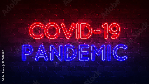 covid-19 pandemic neon sign. red and blue glow. neon text. Brick wall. Conceptual poster with the inscription. 3d illustration