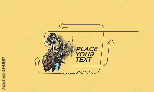 Flat linear Rockstar guy playing guitar banner, scroll,  sticker, badge, price tag, poster.
