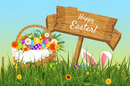 Vector background for Easter. Template. Rabbit ears sticking out of the grass . Wooden plate with the text happy easter which sticks out in the grass with flowers