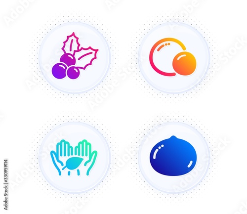 Peas, Fair trade and Christmas holly icons simple set. Button with halftone dots. Macadamia nut sign. Vegetarian seed, Safe nature, Ilex aquifolium. Vegetarian food. Nature set. Vector
