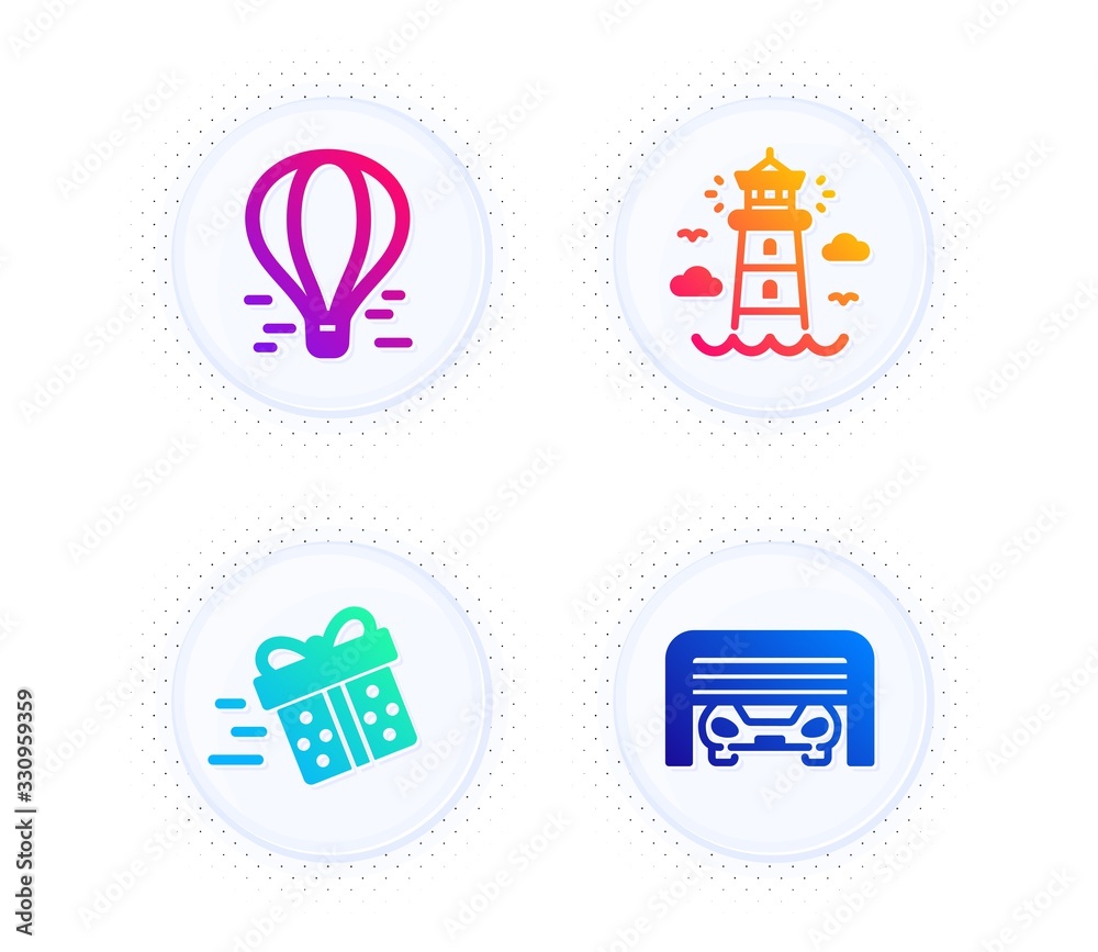 Present delivery, Air balloon and Lighthouse icons simple set. Button with halftone dots. Parking garage sign. Shopping service, Flight travel, Beacon tower. Automatic door. Transportation set. Vector