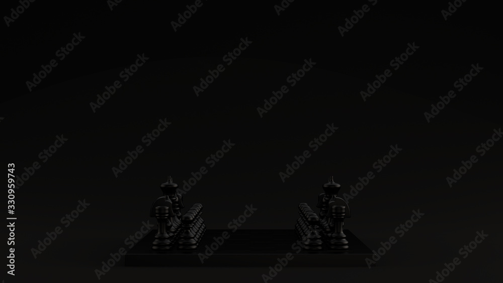Black Chessboard and Pieces Black Background 3d illustration 3d render Black Chessboard and Pieces Black Background 3d illustration 3d render