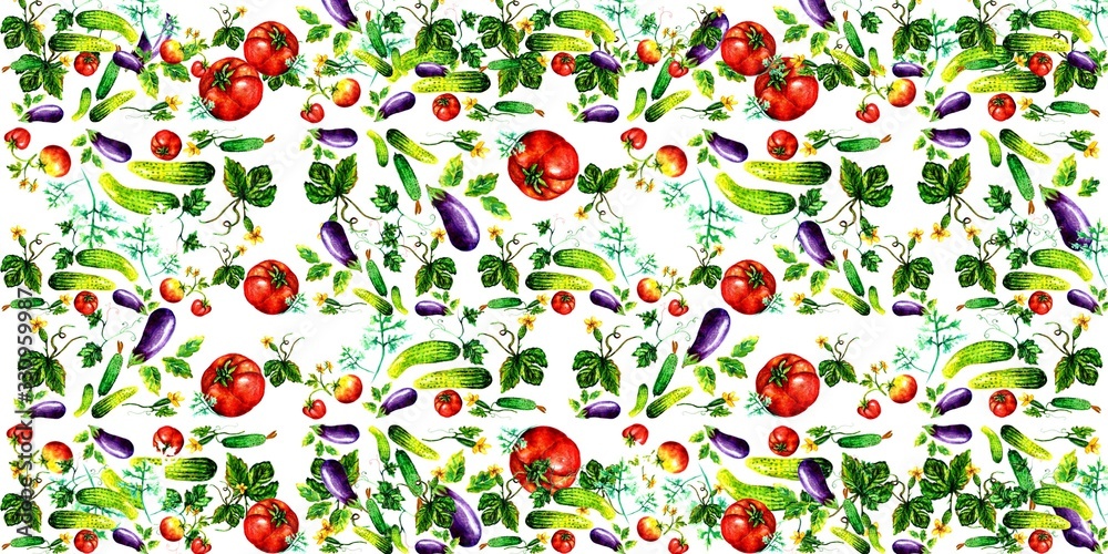 Banner Vegetables. Purple Eggplant, red tomatoes and green cucumbers. Seamless pattern (background). Abstract illustration of a tender blue-violet, red-green color on white. Textures for printing on f Banner Vegetables. Purple Eggplant, red tomatoes and green cucumbers. Seamless pattern (background). Abstract illustration of a tender blue-violet, red-green color on white. Textures for printing on f