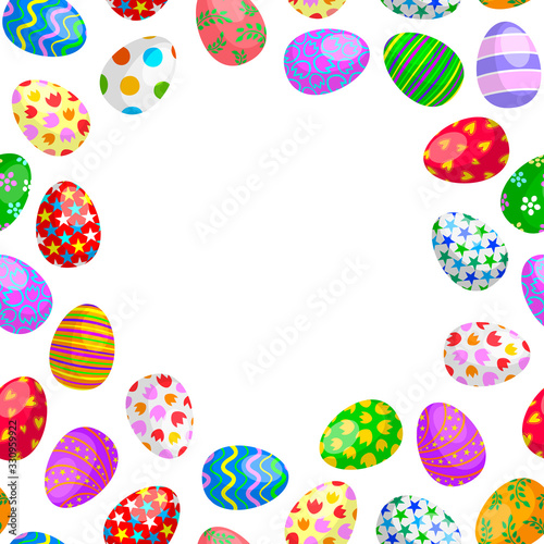 Colorful Easter eggs frame, seamless pattern. Happy Easter day background. Illustration isolated on white.