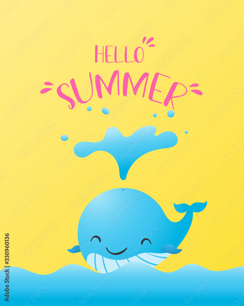 Naklejka premium Summer poster or banner with happy whale on the sea.