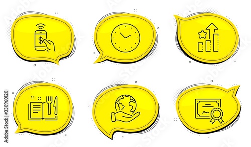 Recipe book sign. Diploma certificate, save planet chat bubbles. Ranking stars, Time and Phone payment line icons set. Winner results, Clock, Mobile pay. Food. Education set. Outline icons set. Vector