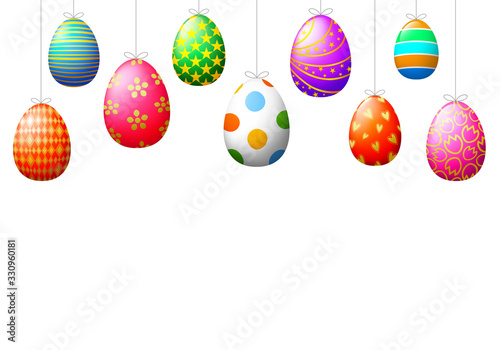 Happy Easter background with hanging Easter eggs. Illustration on white background.